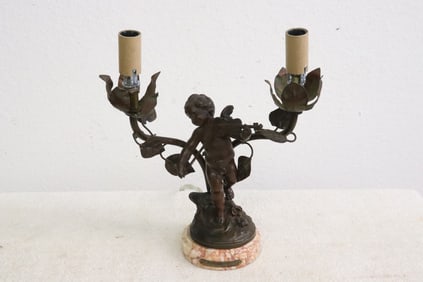 Antique European speltor on marble sculpture made as lamp