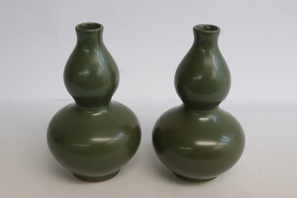 Pair Chinese tea dust style glazed gourd shape vases