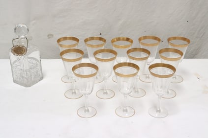12 French gilt edge crystal goblet, & a crystal decanter