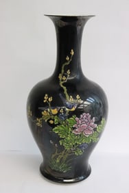 Chinese black background famille rose vase