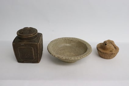 a marbled bowl, Yixing tea caddy, & a Yixing ornament