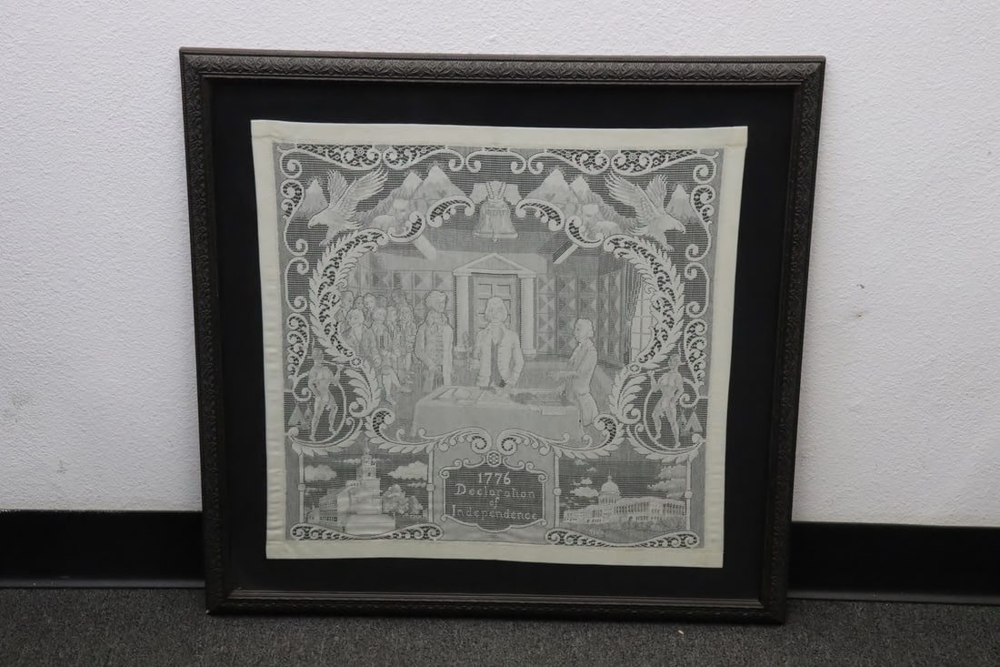 Framed lace panel: Framed (26.9"x27.2"x0.85") lace panel depicting the signing of "declaration of independence" (20.8"x21.2")