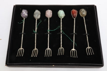 6 forks with semiprecious stones