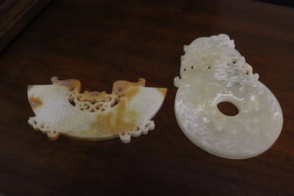 2 large jade like stone carved plaques
