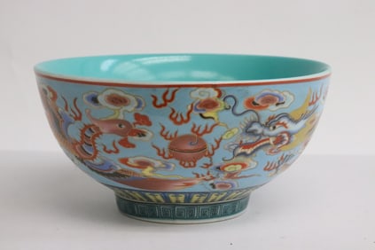 A blue background famille rose porcelain bowl