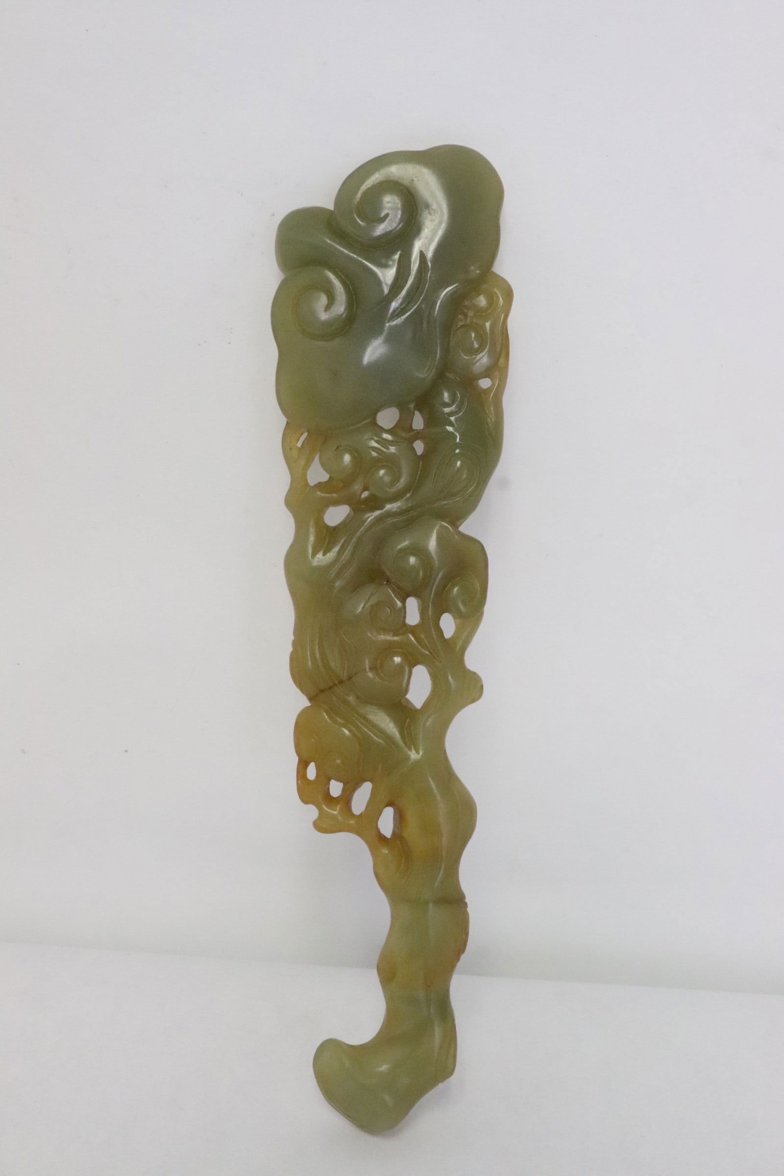 Celadon jade carved ornament: Celadon jade carved ornament, 7.75"x1.85"x0.75"