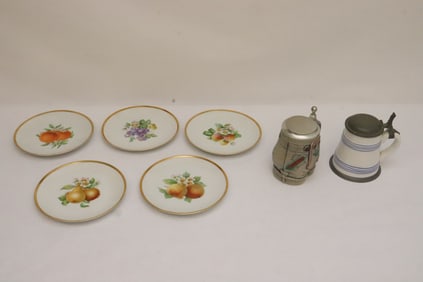 2 beer steins, & 5 porcelain plates by Hutschenreuther