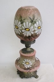 Hurricane lamp with hand painted glass shade & base