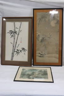 3 pieces: 3 pieces (11.4"x15.4"9F:16.8"x20.7"x1.5") - 33.7"x14.9"(F:38.7"x20"x0.8")); 2 framed Chinese watercolor, and a framed print (glass crack)