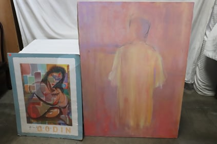 an abstract oil painting, and a signed abstract poster