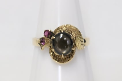 14K rose gold ring w/ black sapphire and red stone