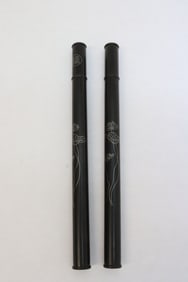 2 rosewood incense boxes w/ silver inlaid decoration