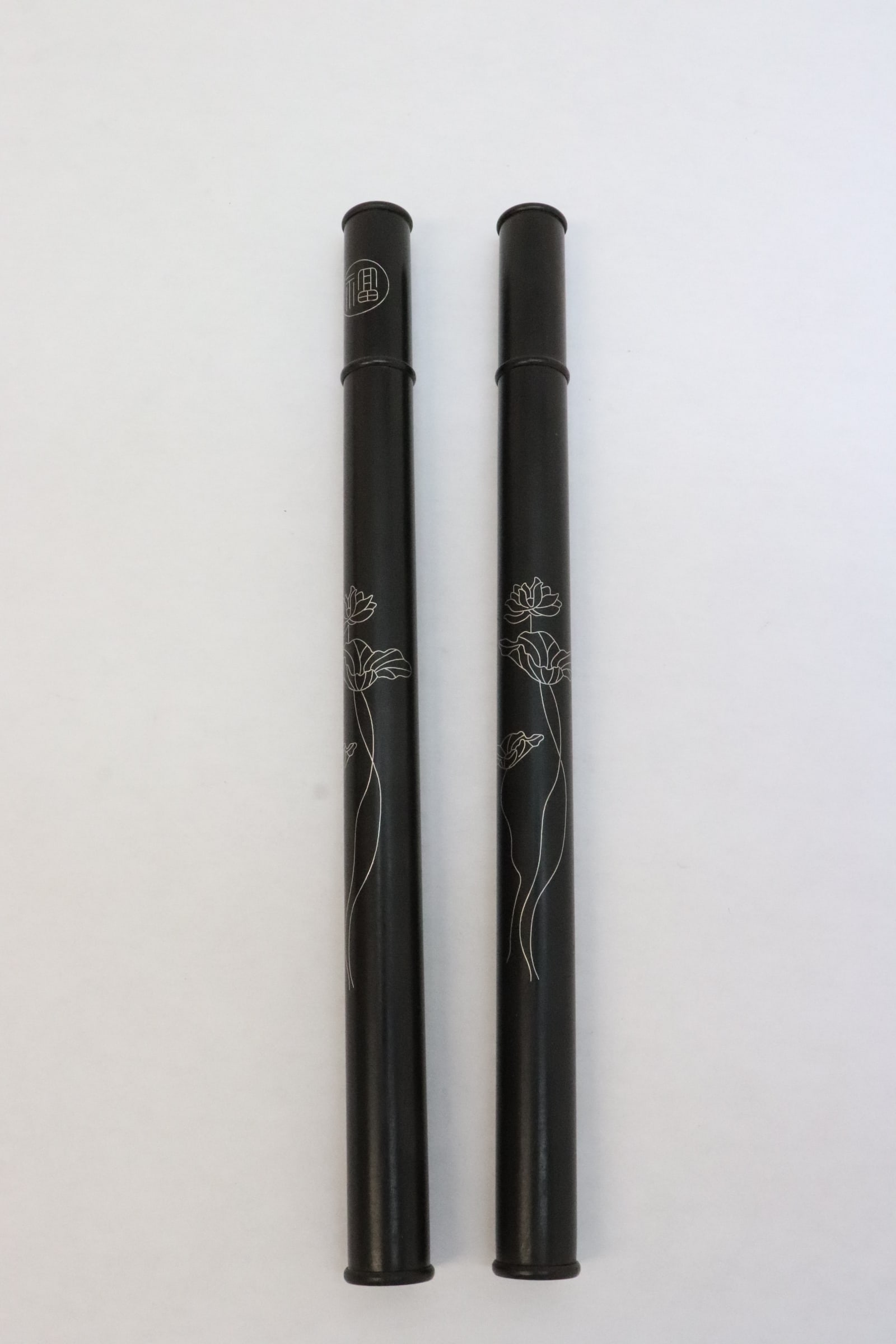 2 rosewood incense boxes w/ silver inlaid decoration: 2 rosewood incense box with silver inlaid decoration, 9.6"x0.7"dia ea