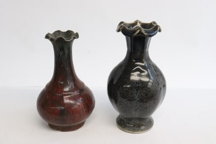 2 brown glazed earthenware vases