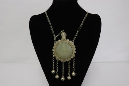 A white bronze scent bottle w/ jade like stone inset