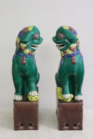 Pair 19th/20th century sancai sculpture of fulions