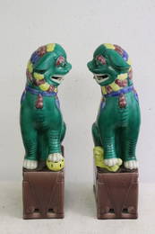 Pair 19th/20th century sancai sculpture of fulions