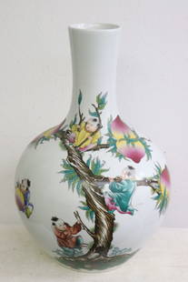 A massive Chinese famille rose bottle vase: A massive Chinese famille rose porcelain bottle vase decorated with children playing scene with calligraphy, 21.7"x14.5"dia