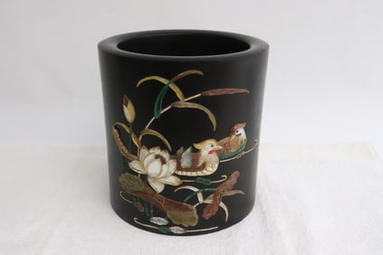 A zitan wood brush holder with MOP overlay