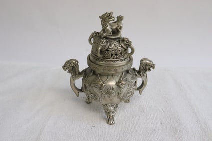 Chinese white bronze covered censer