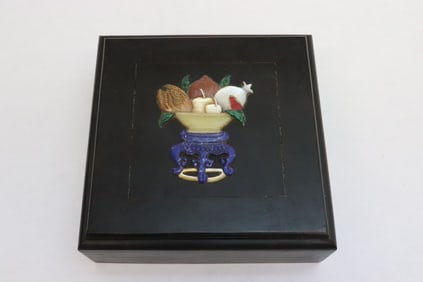 Chinese zitan wood box with hard stone overlay
