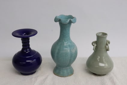 3 small single color porcelain vases