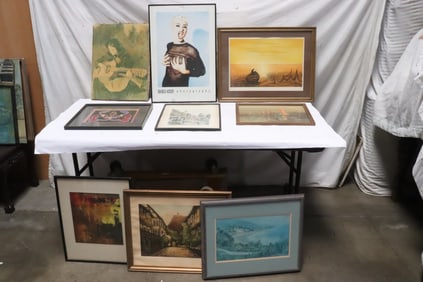 9 pieces; paintings, etchings, prints