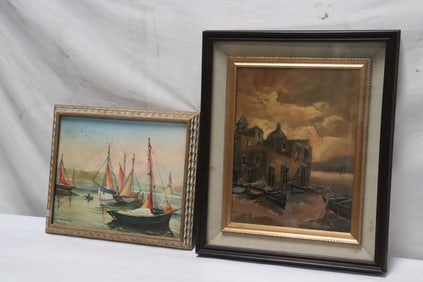 2 oil paintings; "seascape with sail", and "harbor scene"