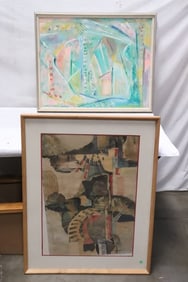 abstract pastel on canvas, & an abstract collage (signed)
