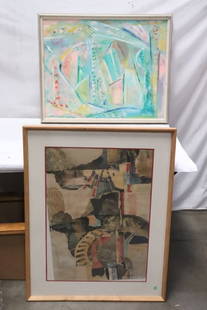 abstract pastel on canvas, & an abstract collage (signed): 2 pieces; abstract pastel on canvas (23.5"x29.4" (F:26.3"x32.2"x1.6")), and an abstract collage (signed) (28.7"x20.6" (F:37.4"x29"x1.4"))