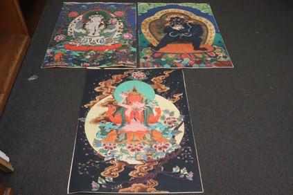 3 embroidery style panel of thangkas