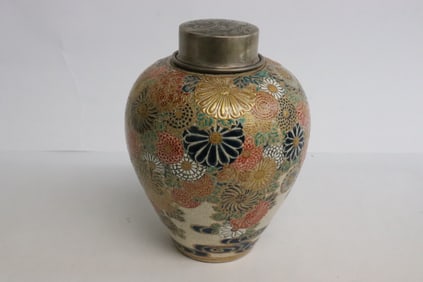 Japanese satsuma tea caddy w/ sterling silver top