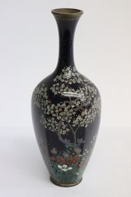 Antique Japanese black background cloisonne vase, signed