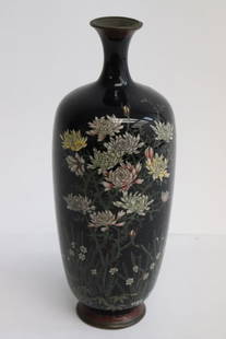 Japanese Meiji period cloisonne vase: Japanese Meiji period cloisonne vase decorated with chrysanthemum flowers, 6.05"x2.4"dia