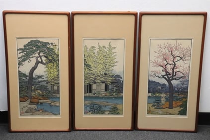 Japanese woodblock print triptych by Toshi Yoshida