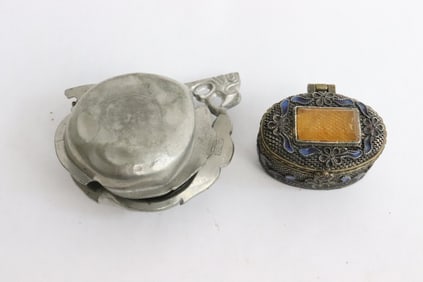 Chinese antique pewter box, & an enamel on wire box