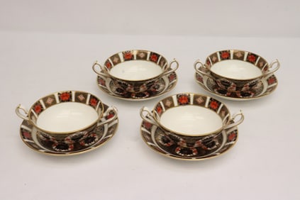 4 English Royal Crown Derby bone china soup bowl w/ underplates