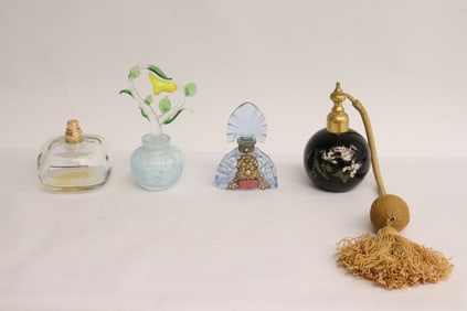 2 fancy perfume bottles, and 2 atomizers
