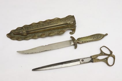 A Germany bronze/copper knife & Scissors set