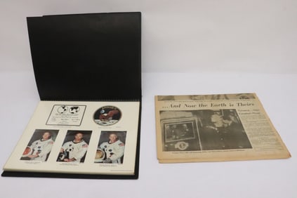 Apollo 11 memorabilia photo album w/ newspaper