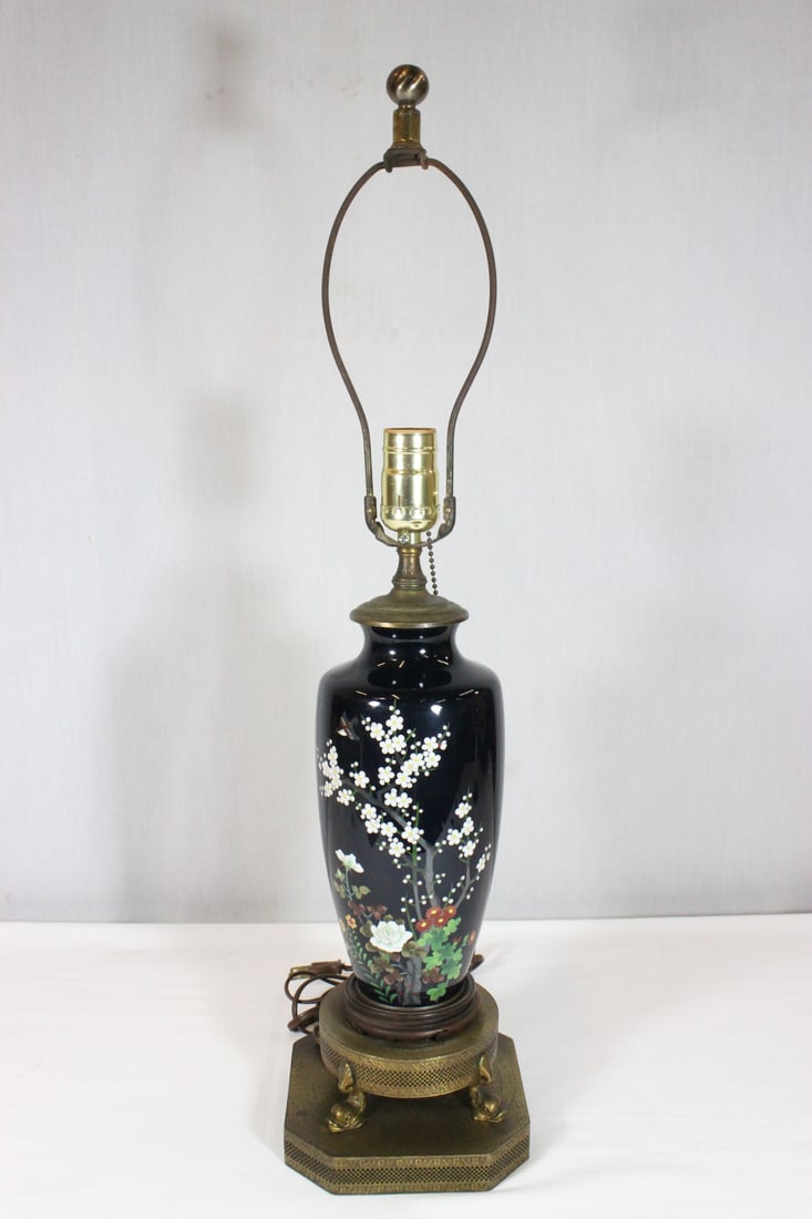 Japanese Meiji period cloisonne vase, made as a lamp: A beautiful Japanese Meiji period cloisonne vase (9.4"Hx4.25"dia), late adapted to be a lamp (25.75"H), the body in excellent condition