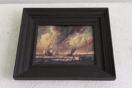 A vintage small oil on panel "seascape with ship"