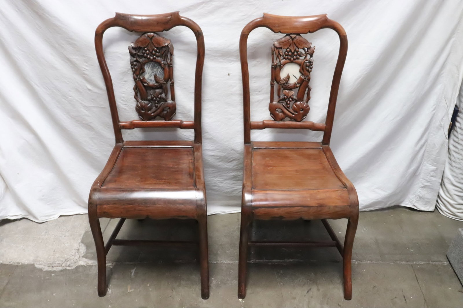 2 Chinese 19th c. rosewood side chairs w/ marble inset: 2 Chinese 19th century rosewood side chairs with marble inset, 37.8"x16.3"x17" ea