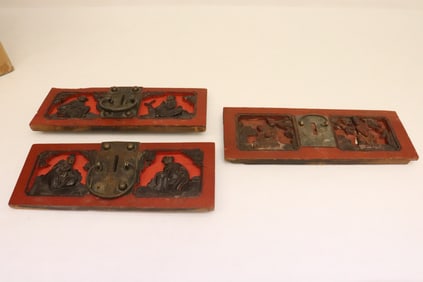 3 Chinese antique wood drawer front panels