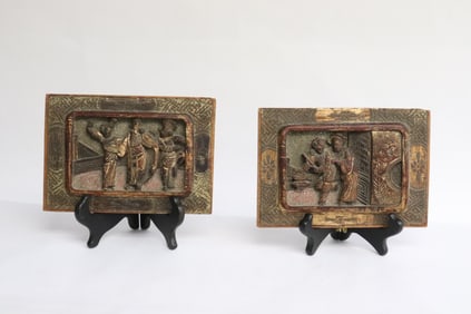 Pair Chinese antique carved wood panels