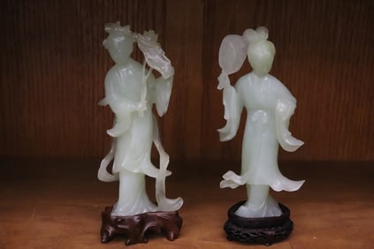2 vintage Suzhou jade carved court lady