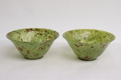 2 green jade carved bowls