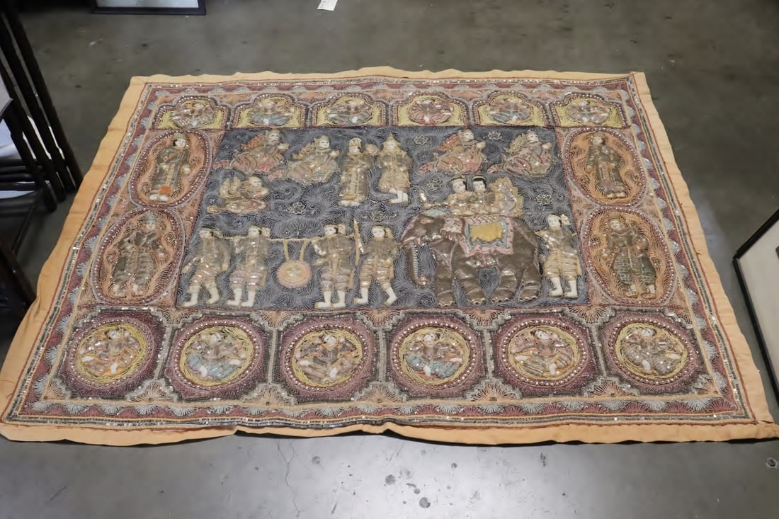 A massive South Asian embroidery panel: A massive South Asian embroidery panel with deity portraits decoration, 52.2"x66"