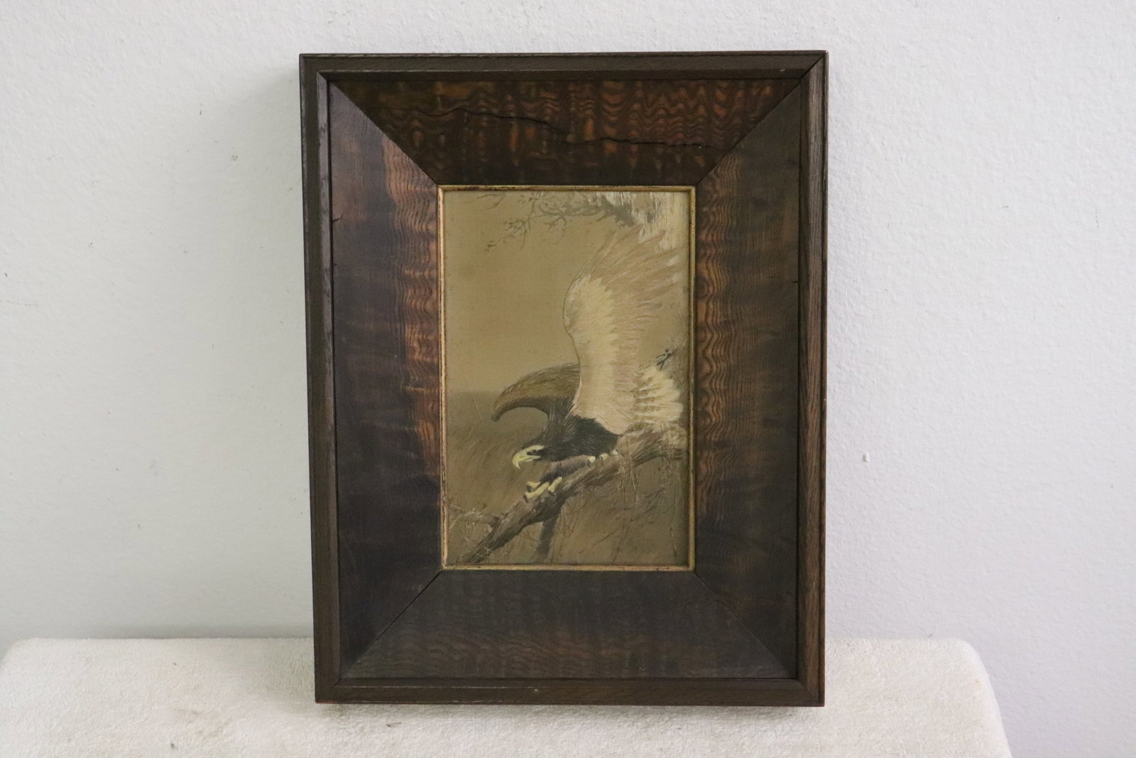 Beautiful antique framed embroidery panel w/ eagle: Beautiful antique framed embroidery panel with eagle, 8.5"x5.6" (F:14.2"x11.3"x2")