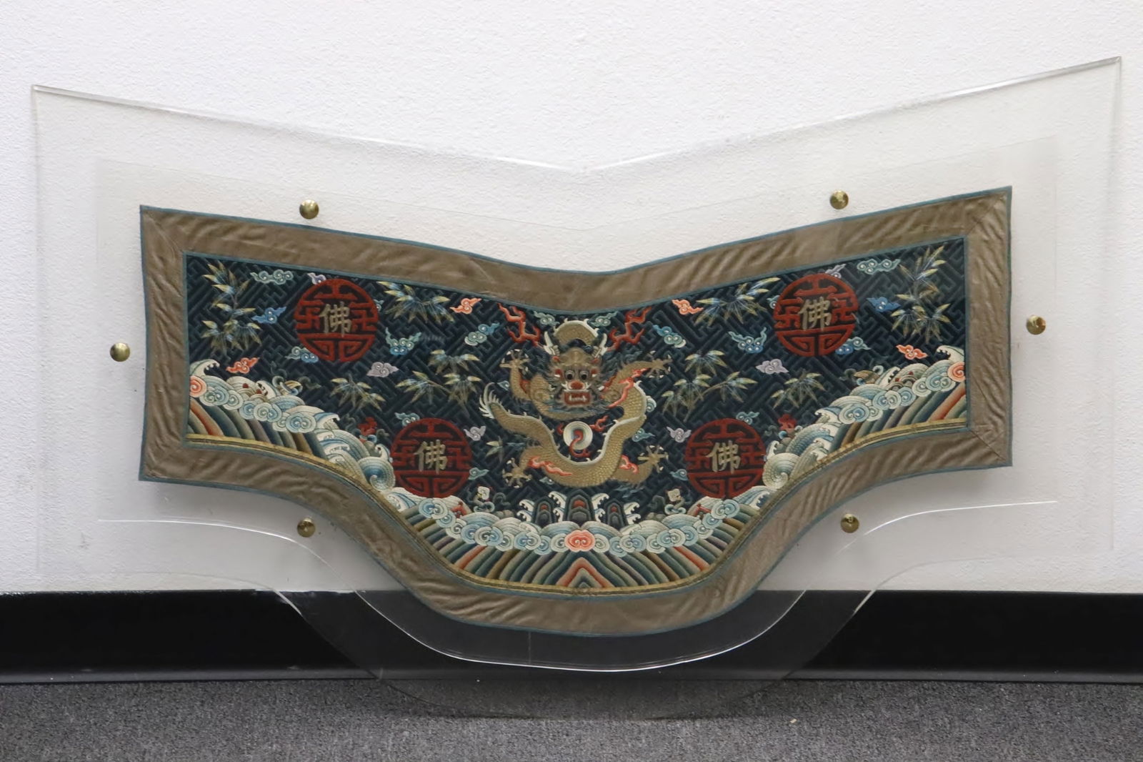 Magnificent Chinese antique embroidery panel: Magnificent Chinese antique embroidery panel (18"x34" (F:25.6"x42.3"x0.8")), possible a top curtain for shrine, with center dragon and bottom shanshui motif decoration, this possible an Imperial piece